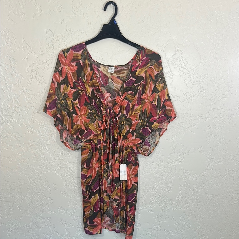 Time and Tru Black and Pink Flutter Sleeve Tie Front Blouse